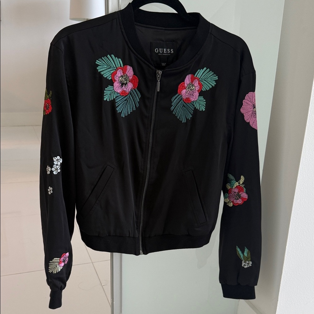 GUESS Black Bomber Jacket with Floral Embroidery